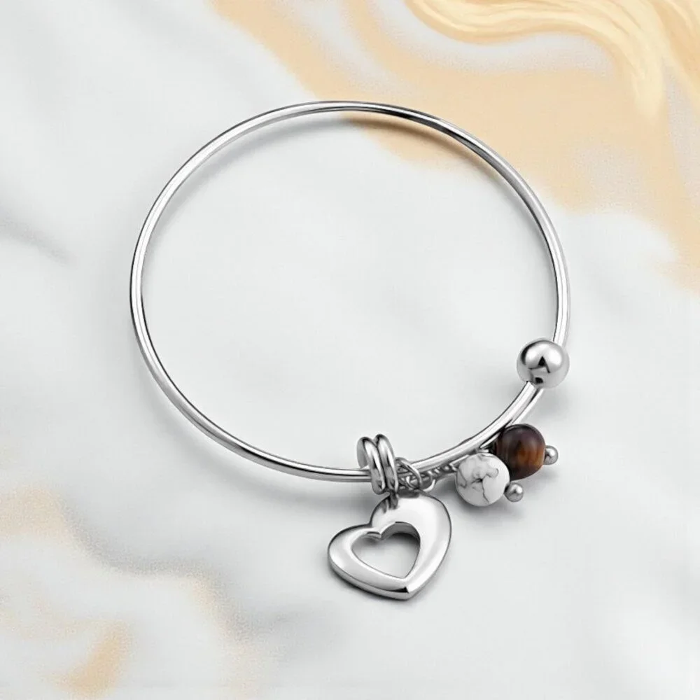 18K Gold Plated Boho Chic Bangle with Heart Tiger's Eye & Magnesite Charms ✨